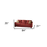 84" Red And Chocolate Linen Sofa And Toss Pillows