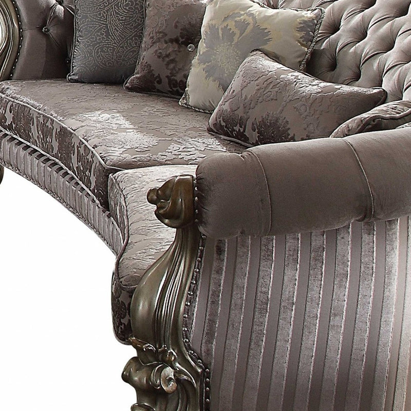 55" X 109" X 39" Velvet Antique Platinum Upholstery Poly Resin Sofa w5 Pillows