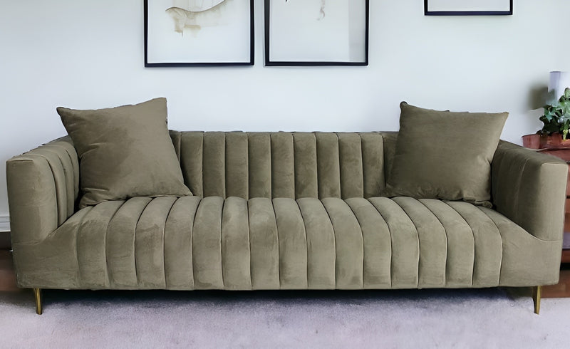 90" Gray Brown Velvet And Gold Sofa And Toss Pillows