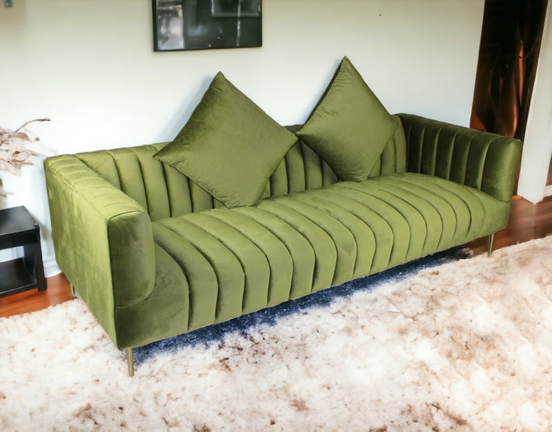 90" Moss Green Velvet And Gold Sofa With Two Toss Pillows