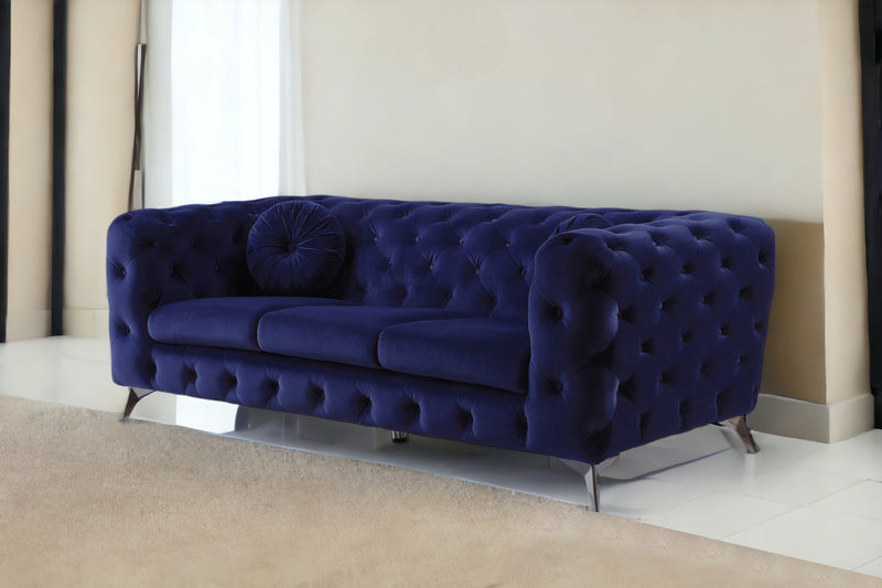 90" Blue And Silver Velvet Sofa