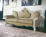 93" Butterscotch Faux Leather And Pearl Sofa With Five Toss Pillows