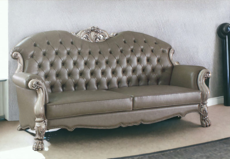 96" Vintage Bone Faux Leather And White Sofa With Five Toss Pillows