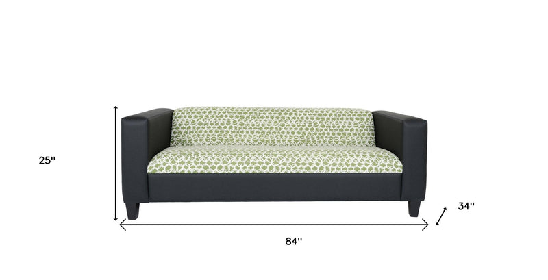 84" Green and White Faux Leather And Black Geometric Sofa