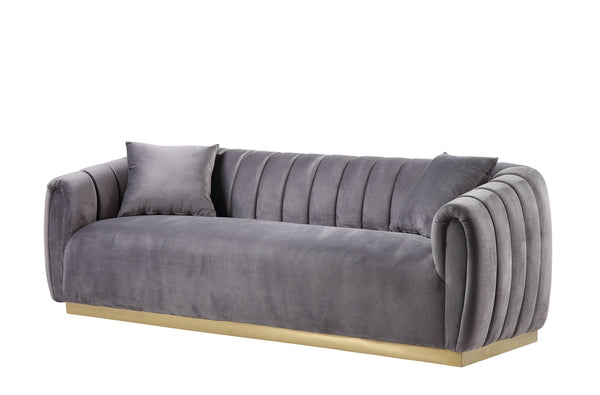 84" Gray Velvet And Gold Sofa With Two Toss Pillows