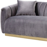 84" Gray Velvet And Gold Sofa With Two Toss Pillows