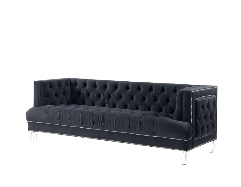 88" Charcoal Velvet And Black Sofa